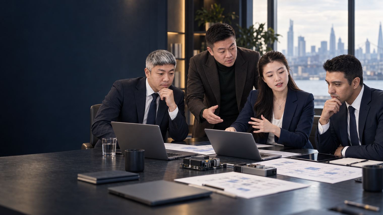 Technology operators reviewing architecture and integration plans in a working studio