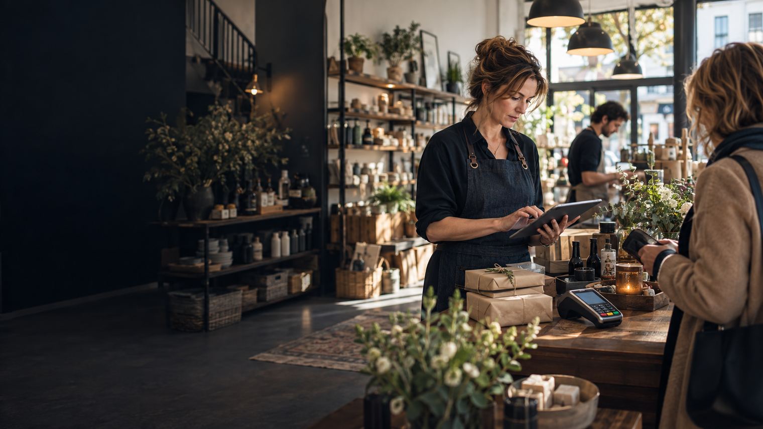 Independent business owner managing digital orders at a working retail counter